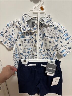 NWT Eddie Bauer White & Navy Explorer Print Button-Down Shirt with Navy Shorts